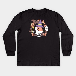 Bubu and Moonch, Halloween Witchy Guinea Pig T-Shirt, Black Kids Long Sleeve T-Shirt